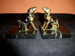 French Art Deco Spelter Dog Bookends On Marble Bases