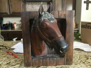 Vintage Wood Hand - Carved Horse Head In Stall Wall Hanging