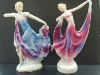 Two Vintage Art Deco Porcelain Dancing Ladies Vibrant German Ceramics