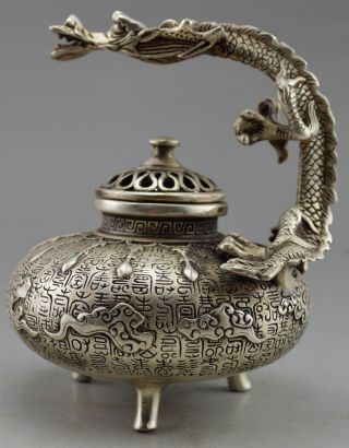 Collectible Decorated Old Handwork Tibet Silver Carved Dragon Incense Burner