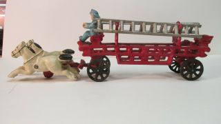 Vintage Cast Iron Small Horse Drawn Fire Truck Wagon With Ladders & 1 Man Dc2279