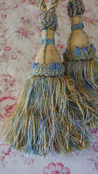 PAIR VINTAGE FRENCH SILK CURTAIN TASSEL TIE BACKS SOFT BLUE 5