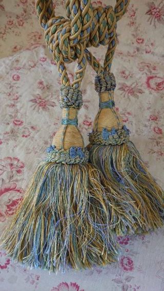 PAIR VINTAGE FRENCH SILK CURTAIN TASSEL TIE BACKS SOFT BLUE 6