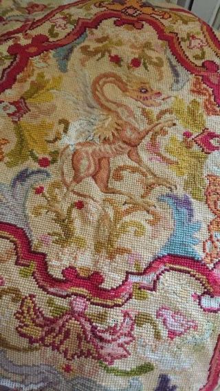 Antique French Unfinished Needlepoint Panel C1880 Winged Dragon