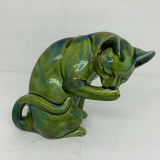 Vtg Mcm Cat Statue Figurine Green Blue Glaze 6 Inch 60s Retro