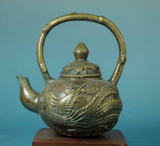 Chinese Old Hand Carving Copper Dragon And Phoenix Portable Teapot D02