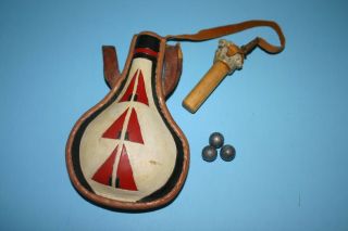 Unique Antique Vintg Handmade Leather & Antler Powder Horn & Musket Balls