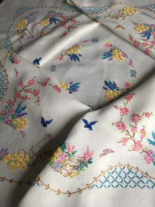 Stunning Large Vintage Hand Embroidered Tablecloth Flowers,  Birds
