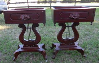 Pair Duncan Phyfe Style Mahogany Lyre Harp Side End Table Nightstand