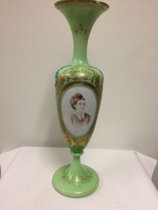 Antique French Green On White Overlay Glass Vase,  Circa 1880