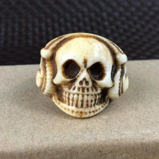 Old Antique Chinese B0ne Carved Music Demon Collectible Handwork No.  8.  5 Ring