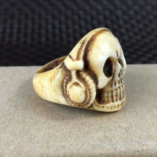 Old Antique Chinese B0ne Carved Music Demon Collectible Handwork No.  8.  5 Ring 2