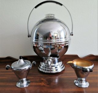 Vintage Bakelite Chrome Deco Globe Coffee Pot,  Cream And Sugar Set Vg