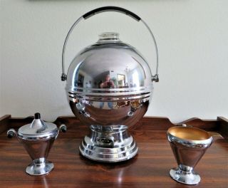 Vintage Bakelite Chrome Deco Globe coffee pot,  Cream and Sugar set VG 2