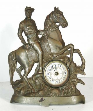 Ca1898 Theodore Roosevelt Rough Rider Cast Iron Figural Shelf Clock Span - Am War