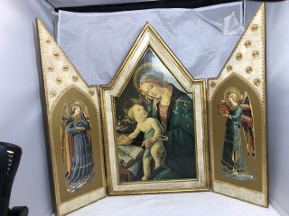 Wood Antique Italian Florentine Madonna Angels Triptych Alter Icon - 19” Tall