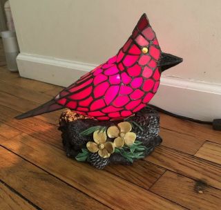 Stained Glass Cardinal Table Lamp Sitting on Nest Night Light Red Tiffany Style 2