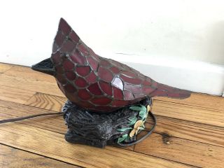 Stained Glass Cardinal Table Lamp Sitting on Nest Night Light Red Tiffany Style 3