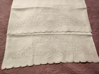 2 Gorgeous Vintage/antique Madeira Floral Bow Embroidered Linen Pillowcases
