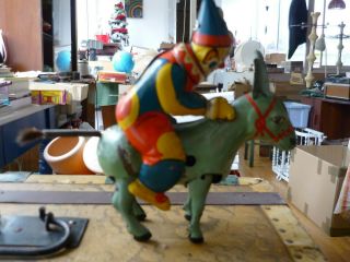 Blomer & Schuler Circus Clown On Donkey Us - Zone Germany Wind - Up Tin Toy