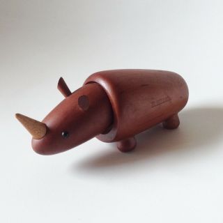 Vintage Wooden Rhino Figurine Japan 60s Teak Rare / Kay Bojesen Hans Bolling