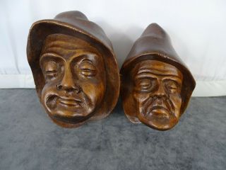 Antique French Carved Walnut Wood Heads - Two Mens