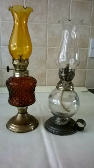 Two Vintage Old Oil Lamps Complete With Oil Lamp Chimney Glass Base