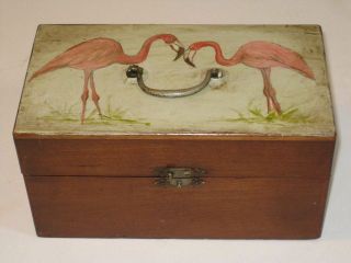 Antique Folk Art Box W/hand Painted Flamingos On Cover 9 Cubby Holes