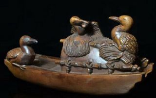 Old Souvenir Collectable Boxwood Handwork Carve Three Duck By Boat Decor Statue