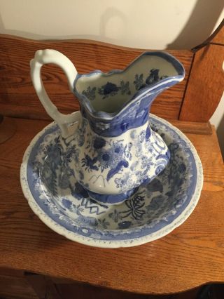 Vintage Ironstone Oriental Pattern Flow Blue Water Pitcher And Wash Bowl