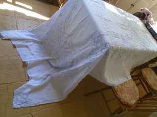 Large Vintage Hand Embroidered Linen Tablecloth - 67 X 101 Inches