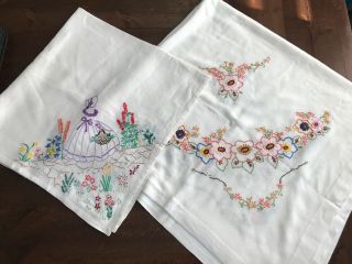 2 Vintage Hand Embroidered Linen Tablecloths Cottage Flowers & Crinoline Lady