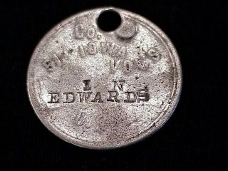 Spanam War Id Tag Co D 51st Iowa Vols I.  N.  Edwards Stamped Name,  Issued Dog Tag
