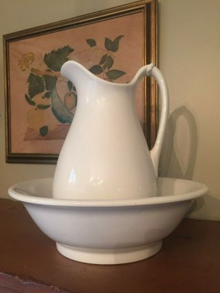 Antique Homer Laughlin White Ironstone 13 " Pitcher And Basin - Early 1900s