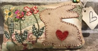 Primitive Bunny Rabbit & Flowers Shelf Pillow - Made From Vintage Quilt