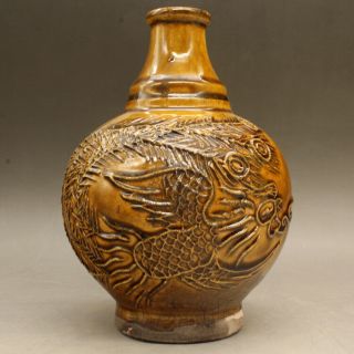 Chinese Old Hand - Carved Porcelain Yellow Glaze Longfeng Grain Round Belly Vase