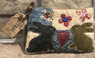 Primitive Springtime Bunnies & Flowers Shelf Pillow - Made From Vintage Quilt
