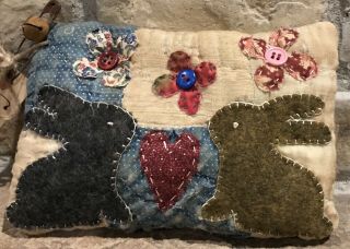 Primitive Springtime Bunnies & Flowers Shelf Pillow - Made From Vintage Quilt 3