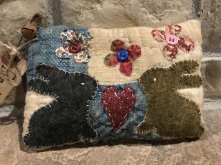 Primitive Springtime Bunnies & Flowers Shelf Pillow - Made From Vintage Quilt 4