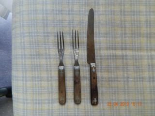 Antique Wooden Handle With Silver Inlay Civil War Era 3 Tines - 2 Forks & Knife