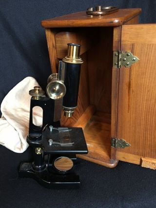 Antique Bausch & Lomb Brass Microscope & Cabinet W Lenses & Key