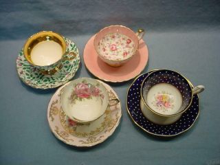 4 English Teacups & Saucers - Royal Albert,  Aynsley,  Rosina,  Consort