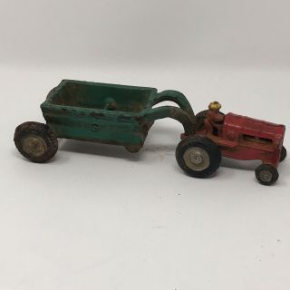 Antique Cast Iron 2 - Piece 8” Tractor & Dump Wagon Polychrome Toy