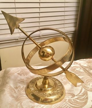 Vintage Brass Armillary Sphere Sundial Globe Roman Numerals Arrow Sculpture
