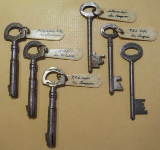 6 Vintage Safe Keys.  3 Tubular Phillips & Sons & 1 Milners.  Bone Tags