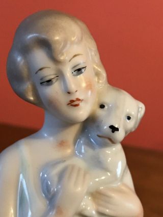 Antique Porcelain Half Doll Art Deco Lady With A Dog