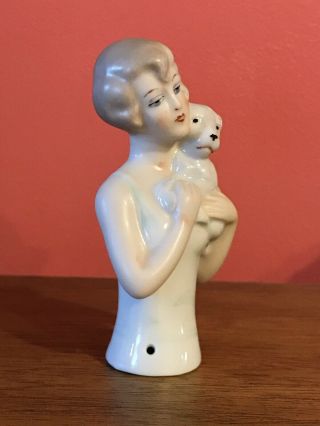 Antique Porcelain Half Doll Art Deco Lady with a Dog 4
