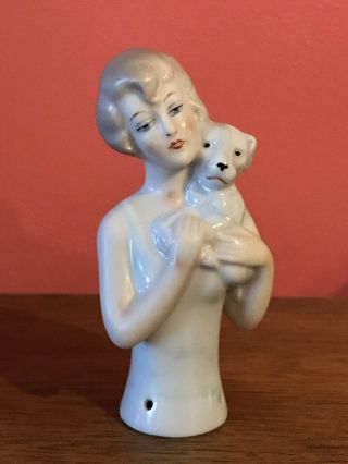 Antique Porcelain Half Doll Art Deco Lady with a Dog 5