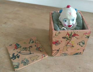 Antique Wood Jack In The Box Squeaky Pop - Up Toy German Clown Jester Early 1900 