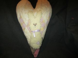 Primitive Large Quilt Heart With Wool Bunny - Yellow/lavender - Easter/spring
